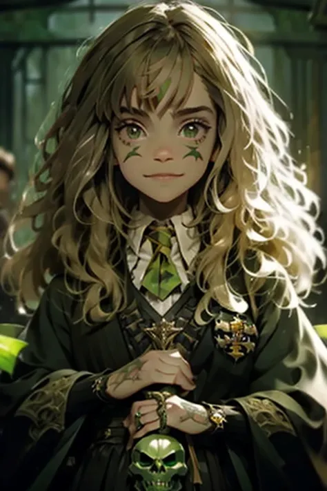 hermione granger, roupas da sonserina, outstretched hand, green skull in hand, sorriso ironico, gravata verde roupas escuras, ol...