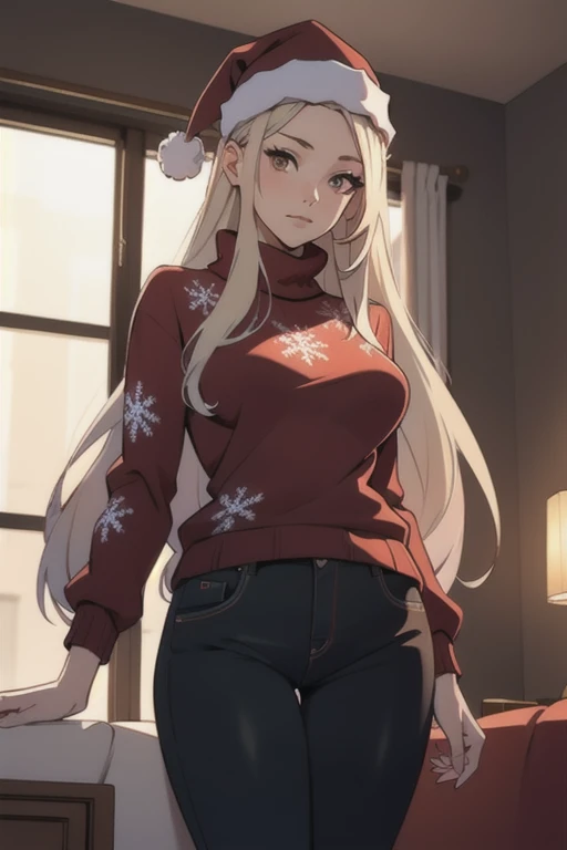 1girll, playgame, long hair, Large display, Christmas sweater and pants, Christmas day, SFW, muted colors