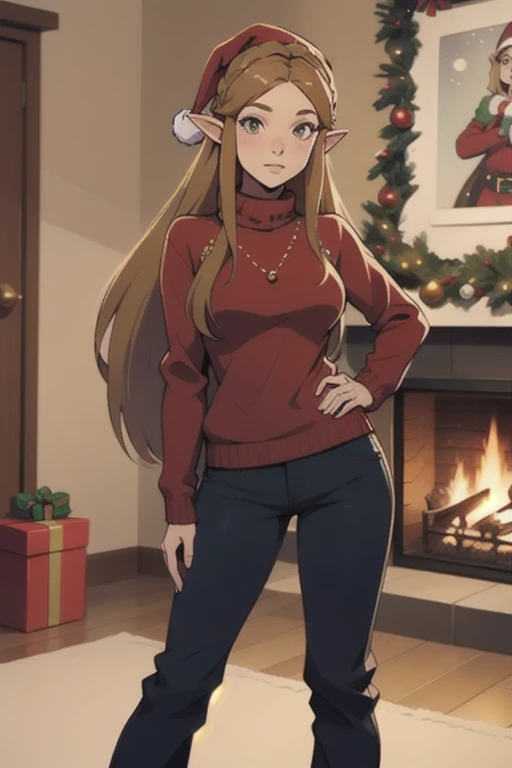 1girll, playgame, princess Zelda, long hair, Large display, Christmas sweater and pants, Christmas day, SFW, muted colors,