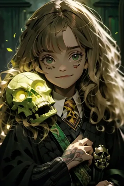 hermione granger, roupas da sonserina, outstretched hand, green skull in hand, sorriso ironico, gravata verde roupas escuras, ol...