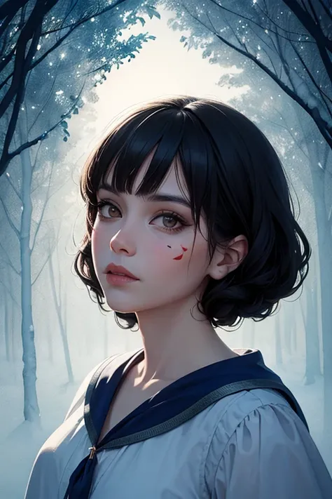 Over-detailed portrait of Snow White in a double exposure with a Seven Dwarfs in enchanted forest. Watercolor digital painting with stunning gradients and a characteristic over-detailed texture through which light breaks through. clear and bright linework ...