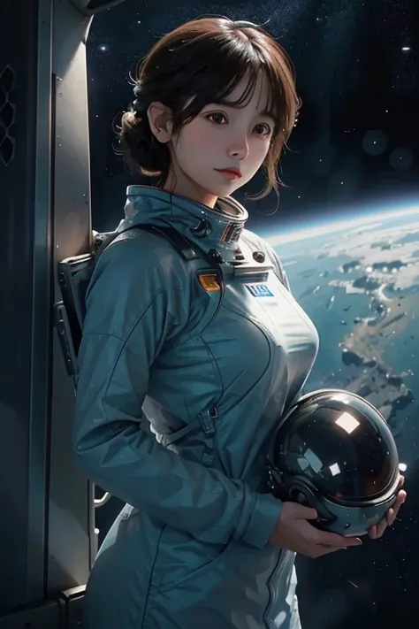 A captivating manga-style illustration of Sarocha Chankimha, a female astronaut with a poignant expression, gazing longingly at the vast expanse of space. Her hair is tied neatly in a bun, and she holds an astronauts helmet and a camera in her hands. In th...