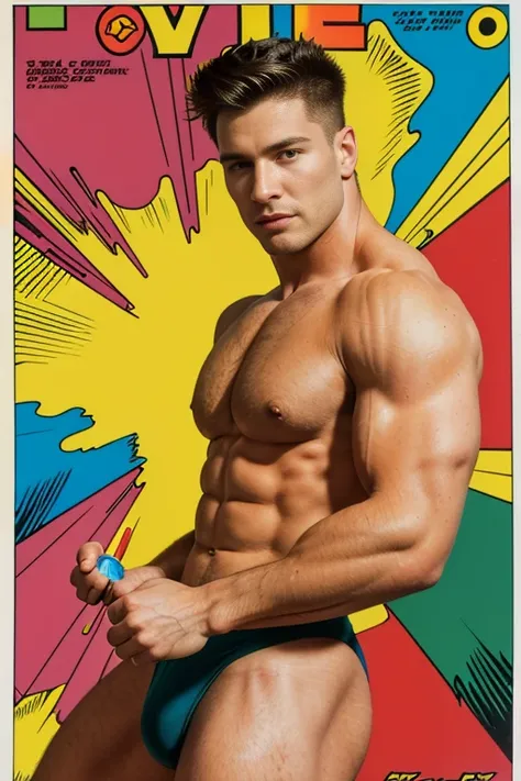 (A muscular man:vivid colors,shirtless:1.1,Kirbywood style,vintage color comics,showcasing:1.1,sharp focus,hi-res details,intricate features,creating,vivid colors,masterpiece:1.2,8k quality) cubism background, playboy poster, SFW