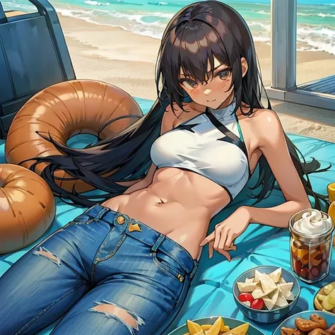 tanned skin anime young woman wearing a cropped bikini top and jeans, extreme hunger, starving, skinny empty stomach, lying ribcage sticking out of stomach