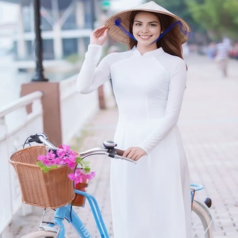 Araaf woman in a white dress and hat stands next to a bicycle., Ao Dai, Vietnamese woman, In Lammanh style, Tomorrow, Tran., beautiful White long dress, traditional, wearing white clothes, White long dress, beautiful woman in white dress, wearing aWhite lo...