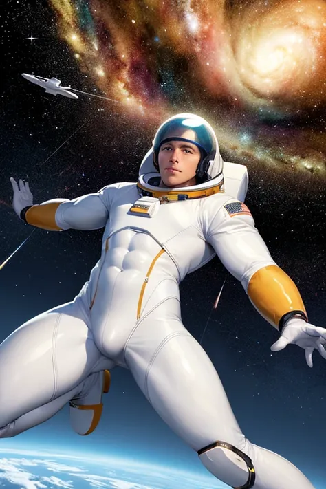 Hombre, muscular, astronauta, en el espacio 