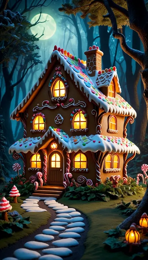 In a cursed forest, a fairy tale scene unfolds with a touch of horror. The main focus is on the gingerbread cottage of the evil witch from the fairy tale of Hansel and Gretel. The cottage is made entirely of gingerbread with exquisite details. The walls ar...