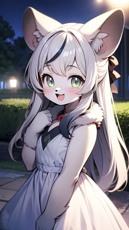 furry girl,ultra detailed fur,park,white dress,moonlight,blush,smile,open mouth,looking at viewer