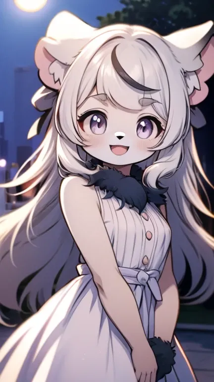 furry girl,ultra detailed fur,park,white dress,moonlight,blush,smile,open mouth,looking at viewer