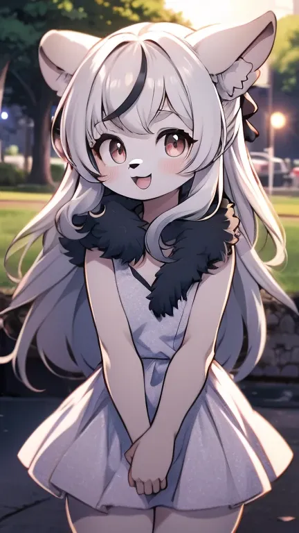 furry girl,ultra detailed fur,park,white dress,moonlight,blush,smile,open mouth,looking at viewer