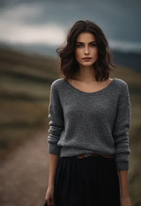  aged 19 girl, dark shoulder-length hair, hazel eyes, light freckles, grey sweater, black skirt