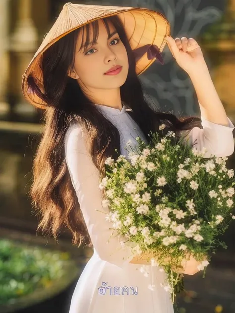 Aarav woman in white dress holds a bouquet of flowers, with flowers, Ao Dai, In Lammanh style, Tomorrow, Tran., Dilraba Dilmurat, cute woman, beautiful south korean women, holding flowers, traditional art, fan art, handsome girl, very very beautiful, A lov...