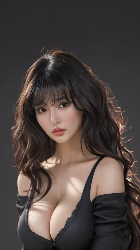 ultra high res, masterpiece, best quality, perfect  skins, perfect lighting, detailed lighting ,   looking at viewer, off shoulder, Big breasts, Exposed cleavage , long bangs,  nsfw, ((Dark background)) , korean super sexy model, onlyfans model, adult movi...