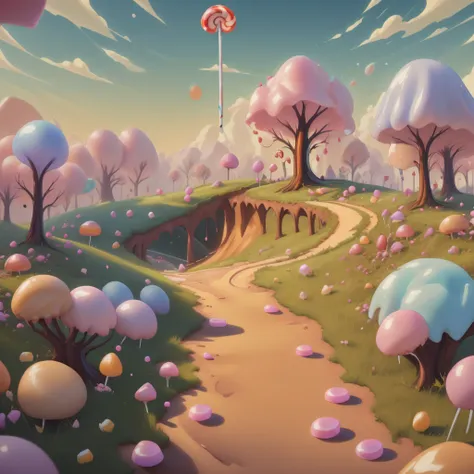 general shot: 1.3, ((beautiful landscape entirely made of candies, sweets, lollipops, delicious cakes, beautiful donut-shaped su...