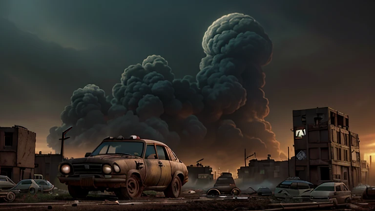 of an abandoned city. (best quality,realistic),toxic explosion,detailed gas mask,devastated cityscape,desolate atmosphere,ruined buildings,fallen debris,dark clouds,ominous mood,suspended dust particles,desperate survival,hazardous environment,poisonous fu...