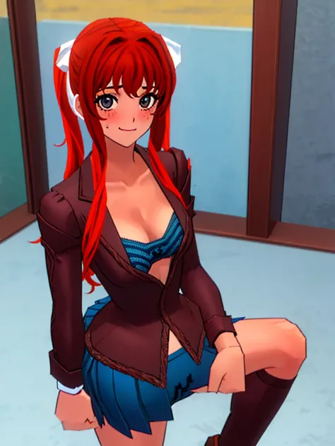 Twintail, red haired, 1girl, (grey eyes1.2), well toned, well built, muscled, toned muscles, (masterpiece), best quality, highres, solo, ribbon, white ribbon, hair ribbon, brown jacket, jacket, long sleeves, smiling, indoors, classroom background, standing...