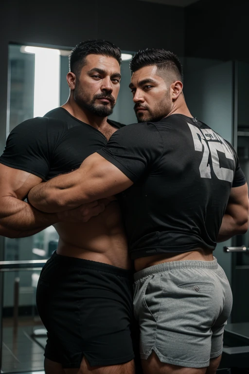 hulk photography, light cinematic heavyweight bodybuilder, 75 kg of complete muscle,  Bigote grueso y trozo chino barbudo, hombres muy guapo. perfect body proportion,, hypermuscular nalgon, realista,  two cowboys with hat, black shirt, silver shorts, backs...