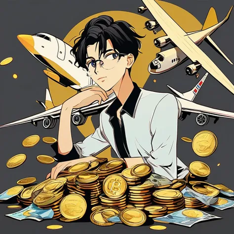 homem moreno arte em estilo cartu CN , in anime style and with money and a plane behind and gold coins 