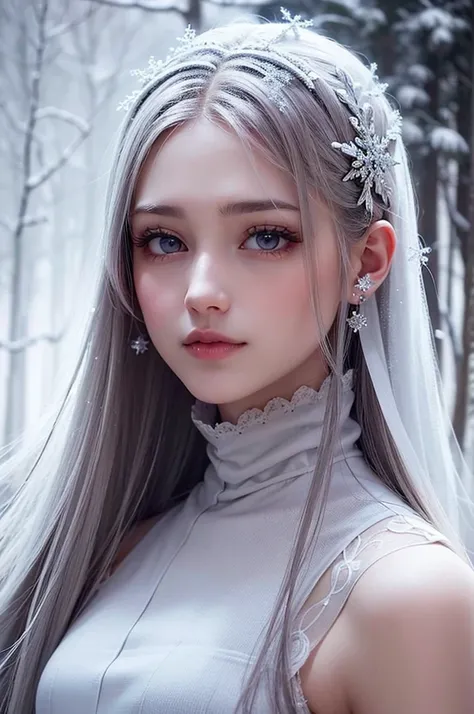 best quality,ultra-detailed,realistic,portrait,beautiful detailed eyes,beautiful detailed lips,extremely detailed eyes and face,longeyelashes,natural snow,moonlit scene,elegant pose,subtle breath,icy touch,winter magic,soft snowflakes falling,icicles hangi...