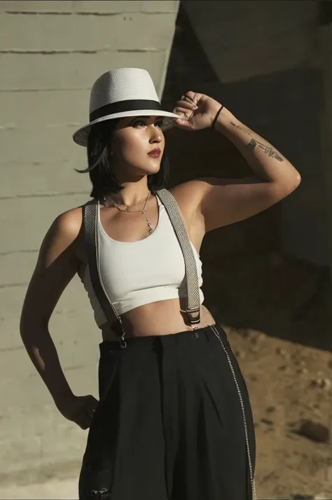 arafed woman in a white top and black pants and a hat, wearing a sexy cropped top, wearing a chocker and cute hat, wearing a cro...