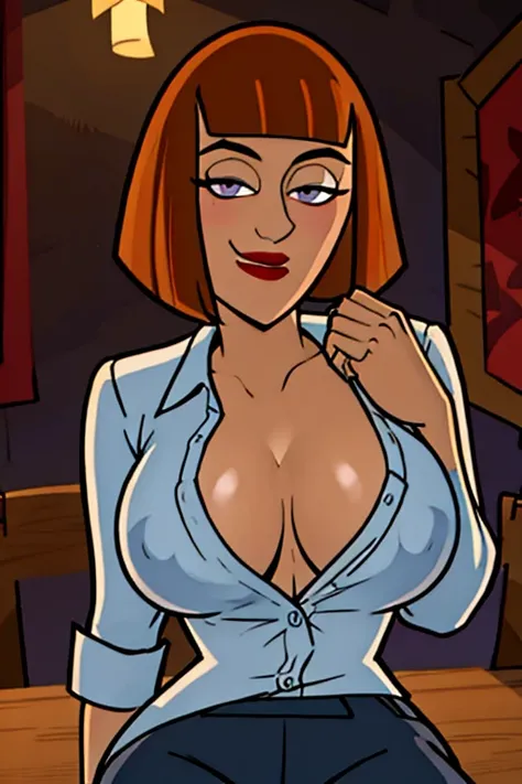 maddie fenton, teacher conference, sitting across from you, behind table, blazer, white shirt, big tits, tits on table, tits spilling over, my eyes are up here young man, seductive look, dimly lit