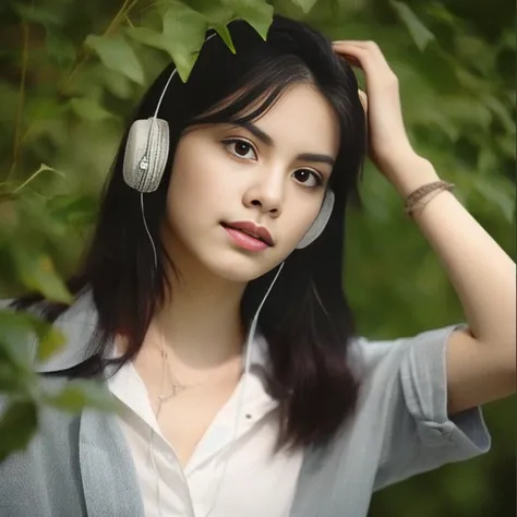 arafed woman with earphones standing in front of a tree, with earphones, with headphones, high quality vertical, girl wearing earphones, wearing earphones, Profile picture, vertical picture, earphones, Portrait of Lofi, Listen to music, earphones, young as...