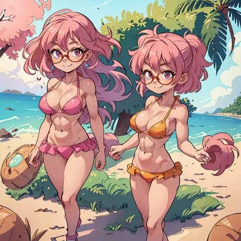 (masterpiece, best quality:1.2), cowboy shot, (solo):1.5, (1girl):1.5, glasses, long fluffy pink hair, gorgeous body, slight smile, (bikini clothes), under a beautiful palm on a windy beach, muscular abs, navel exposed, mid breasts.