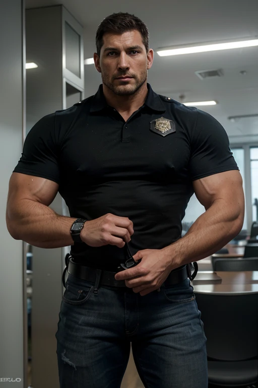 Giant tall muscular police officer，handsome policeman .，police certificate，Concepto de personaje（Resident Evil - Chris Redfield，Chris Redfield）proud expression，Ojos profundos y encantadores.，pose heroica masculina，tall fuerte，muscular！muslos musculosos，chi...