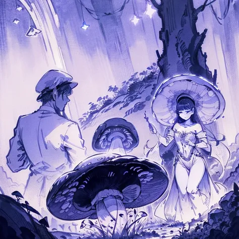 beautiful and aesthetically pleasing,, One,，dance，mushrooms，Huge mushrooms，slow，(Radiant atmosphere, Enchanting radiance, glowing lighting, unearthly atmosphere,watercolor illustration, Ideal Anatomy, masterpiece, Best quality, , nature, landscape