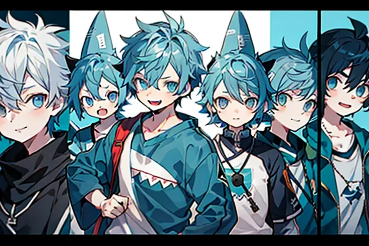 masterpiece, hyper quality, hyper detailed, perfect drawing, 1 boy, ((hairstyle: Messy Japanese Round Haircut for Thick Hair)), ((blue sweatshirt)), ((shark tail)), ((Cute smile and sharp shark teeth), ((Blue eyes)), ((blue hair,)) height 167cm, stand stil...