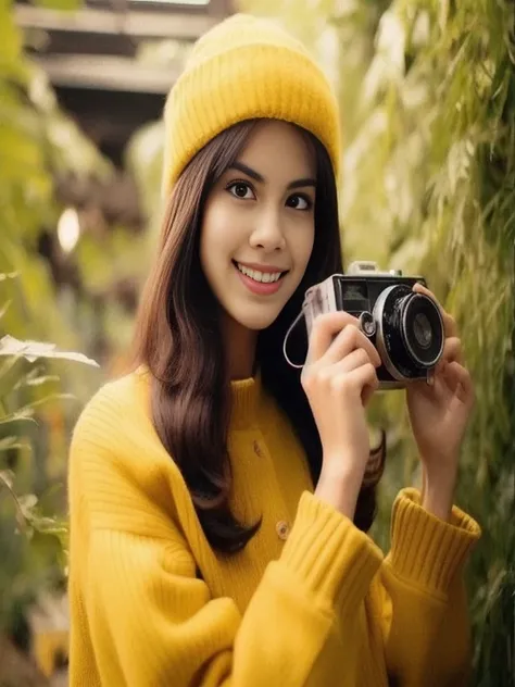 Araffe woman in yellow sweater holding camera and smiling, photography 50mm f1.4, female photography, while smiling for a photograph, photography hight quality, Portrait photos with a 50 mm lens, photography portrait 4 k, Portrait DSLR 5 0 mm, photography ...