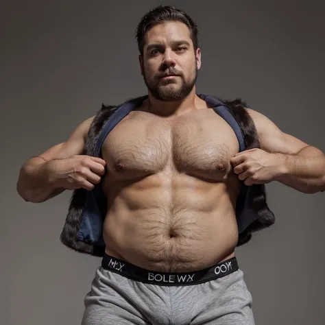 solo, male, werewolf, wolf, canine, chubby, musclegut, round belly, belly, pot belly, swollen, mature male, dadbod, dad, facial hair, beard, embarrassed, chest fur, stomach fur, hands on belly, looking down at belly, grey fur, blue eyes, body hair, half-bo...