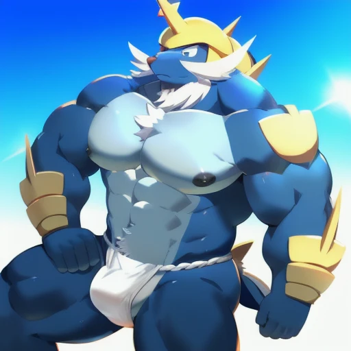 male, anthro, kemono, samurott, tail, detailed eyes, topless male, shine eyes, large pecs, muscular, big black nipples, fundoshi, bulge