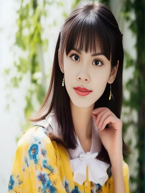 Asian woman Araffe, long hair, wearing yellow dress, Yoshitomo Nara, Belle Delphine, Headshot profile picture, Sakimi-chan, Japanese model, official artwork, White Hime cut hairstyle, Profile picture, vertical picture, I have neat hair and bangs., Shiho, S...