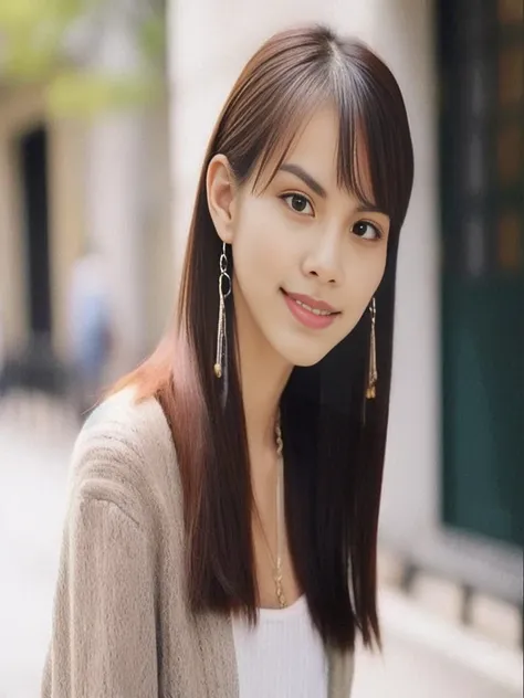 Asian woman Arafi with long hair and earrings standing on the sidewalk, Yoshitomo Nara, have short hair, lovely young woman, with bangs, Shiho, Headshot profile picture, young asian woman, Cute young man with a sweet Asian face, a lovely young woman, Thai ...