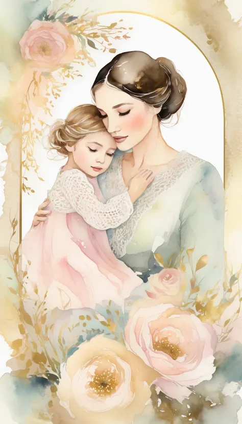 beautiful and dreamy portrayal of a mother holding her daughter. the artwork is enhanced with a floral and lace frame in waterco...