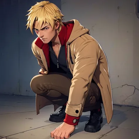 ((best quality)),((ultra-detailed)) , human male, blonde  hair , red pupils , jacket , tired eyes  , full body ,