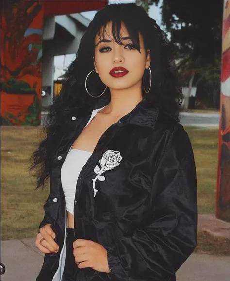 arafed woman with long black hair and a white top, selena quintanilla perez, she is the queen of black roses, she has black hair with bangs, hair blackbangs hair, beautiful mexican woman, mean smirk, 9 0 s vibe, 90s style, 90’s vibe, edgy, rockabilly style...