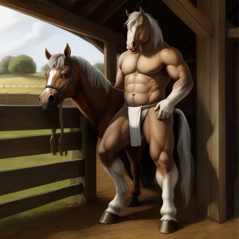 Furry, Antro, Equine, loincloth, hooves, medieval, Brown, White, Solo, horse, fundoshi white, bulto macho, farm, Fundoshi, silver