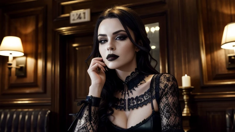 (masterpiece:1.4, best quality), (intricate details), unity 8k wallpaper, ultra detailed, (goth girl, gothic,makeup, black lips ), posing, front view, looking at viewer, inside pub room, sunset, evening, warm lighting, leather corset, leather skirt. white ...