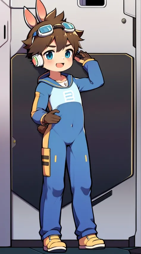 2D Boy Shota，One-piece mountaineering suit，Slim, healthy body，Put the headphones on your head，stand up，goggles，Rabbit ears，happy，sailor collar