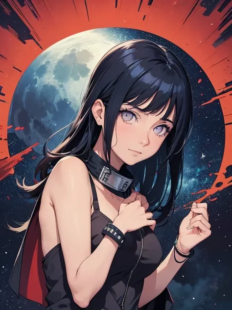 parte maestra, alto, alto quality, cara detallada, cuerpo detallado, cuerpo completo, Cuerpo delgado, desnudo, 1 chica, solo, hinata hyuuga, pelo azul, ojos blancos, desnudo shoulders, pechos grandes, collar, pulsera, adorno para el pelo, de pie, feliz, se...