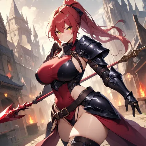 masterpiece,best quality, knight, long hair, red hair, ((ponytail)), yellow eyes, perfect face, black armor,, ((exposed arm)), r...