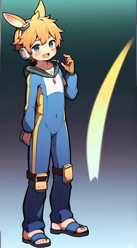 2D Boy Shota，One-piece mountaineering suit，Slim, healthy body，Put the headphones on your head，stand up，goggles，Rabbit ears，happy，sailor collar