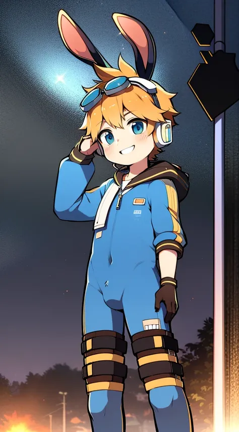 2D Boy Shota，One-piece mountaineering suit，Slim, healthy body，Put the headphones on your head，stand up，goggles，Rabbit ears，happy，sailor collar