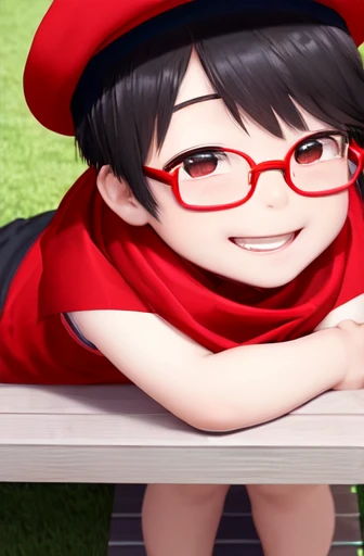 A Chinese  4yr old boy, in boy scout uiform shorts, short sleeve shirt and red scarf, cap, super detailed, cute, white , with thin glasses, and black hair, full body, detailed, hyperealistic, sittig on bench smiling, close up