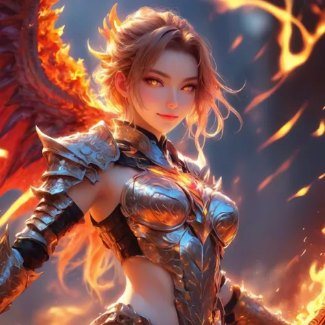 1 sexy girl, ANIME STYLE, with WELL-DEFINED dragon wings ON HER BACK, vibrant gaze, smiling slightly, shiny armor, sword in hand, HOLDING THE SWORD ABOVE THE EYE LINE, neon eyes, TRAIL OF FLAME COMING OUT OF HER EYES , (HIGHER QUALITY), 4K flames around, f...