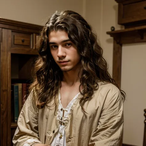 17 year old boy with long curly hair goatee and 18th century clothes 