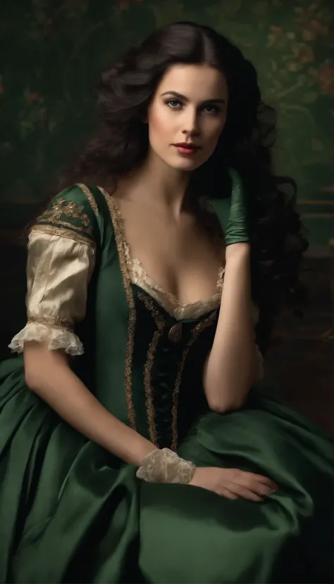 Girl in full height and in a long dress of the 18th century, with very long black curly hair, in a dark green dress and gloves, not puffy dress with sleeves wallpaper art, UHD wallpapers