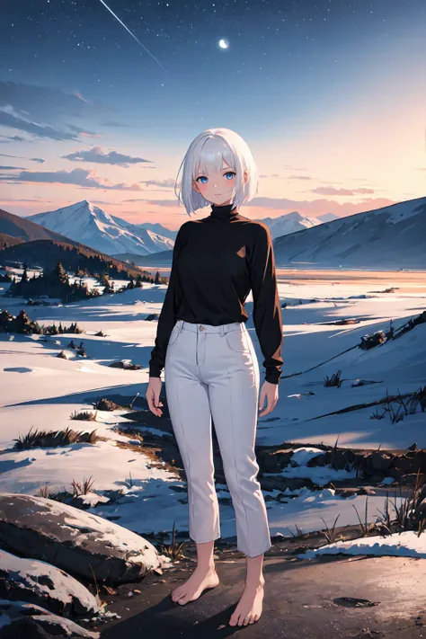 1girl, white hair, bob cut, black shirt, turtleneck, short sleeve, white pants, bare feet, standing, outdoors, night, night sky, mountains, masterpiece, best quality, aesthetically pleasing, ultra-detailed, illustration, 8K, highres